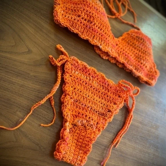 ORANGE ANGORA BLEND CROCHETED BIKINI - Picture 7 of 15
